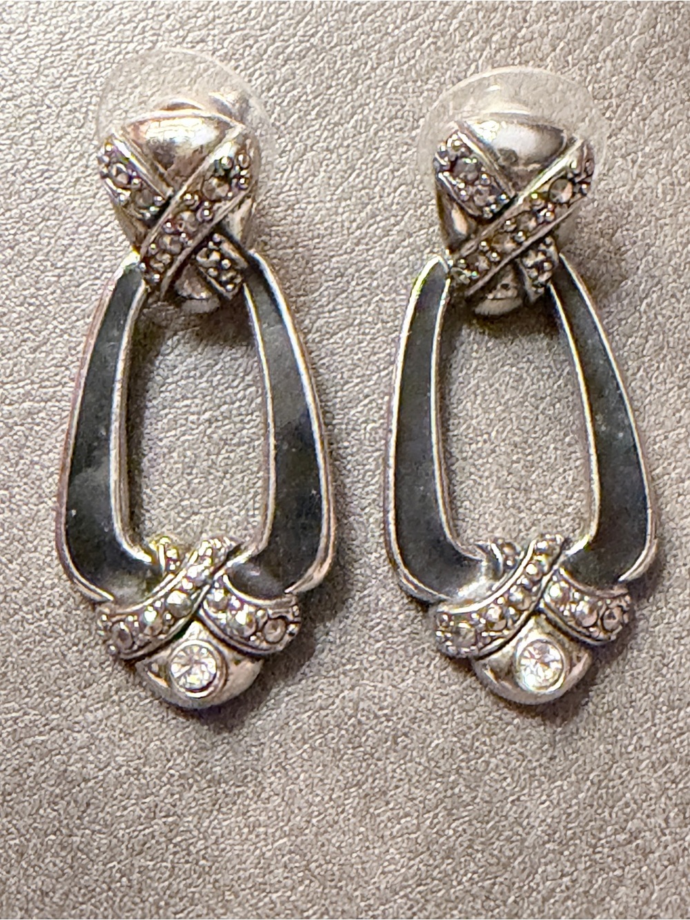 Vintage Avon Silver tone Marcasite style, black enamel and rhinestone earrings